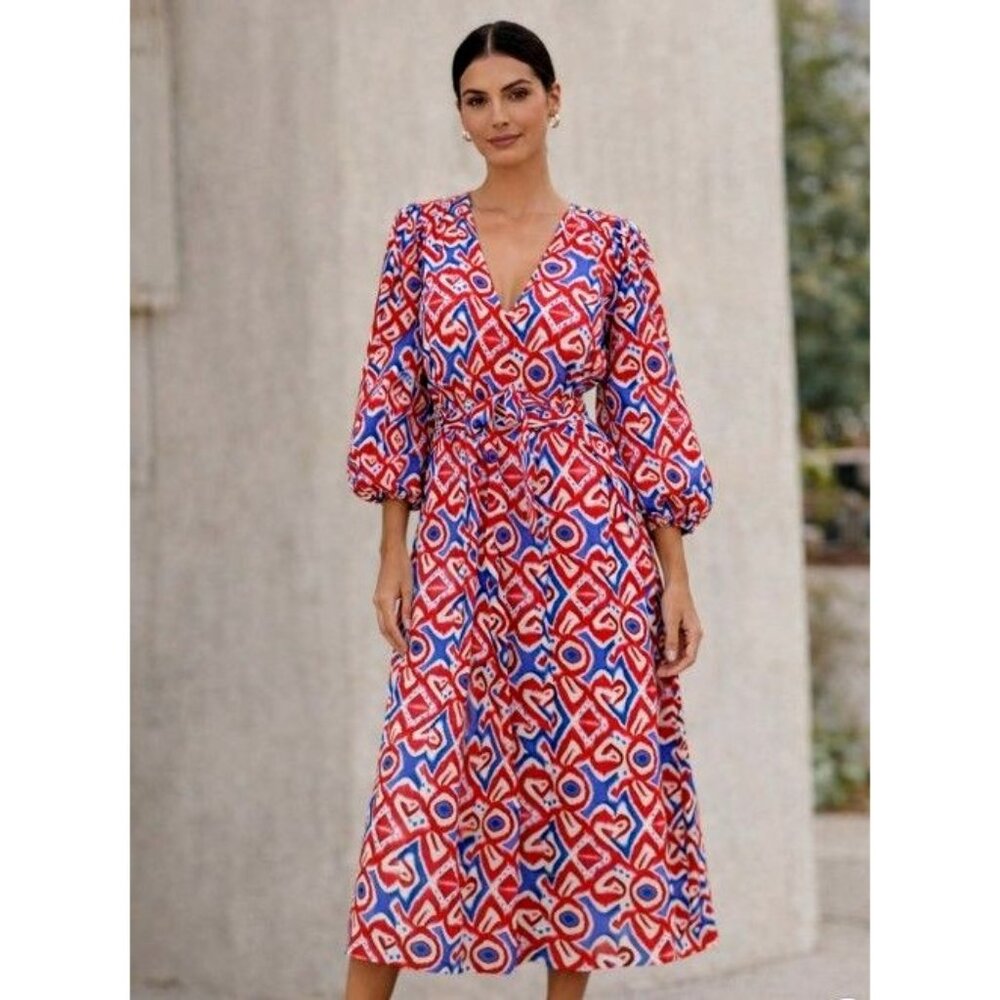 Women's V-Neck Printed Midi Dress in Red & Blue